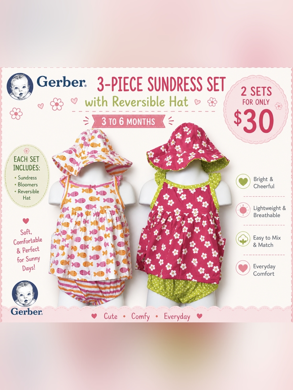 Gerber Baby Girl 3pc Sundress Set 3-6M Reversible Hat Bundle 2 For $30, T2MIS